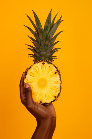 A hand displays a cross-section of a juicy pineapple on a yellow backdropの素材