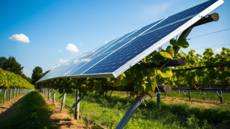 Solar panels facing the sun, supplying power to batteries in a shed. Low carbon footprint to pump water from a dam to irrigate grape vines.の素材