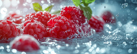 Ripe raspberries enveloped in a crystal-clear water splash, with mint accentsの素材