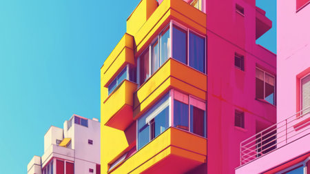 Colorful Neo-Fauvist Style Buildings with Clear Sky Background bannerの素材