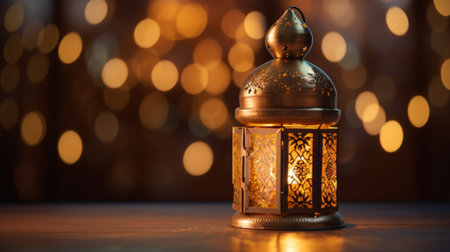 A lit candle inside a decorative lantern emits a warm glow amidst soft bokeh lightsの素材