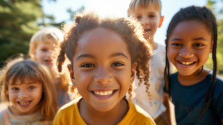 Group of Cheerful Kids of Mixed Ethnicities in a Huddle Outdoorsの素材