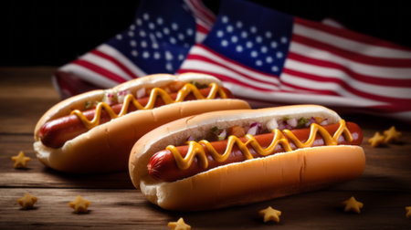 Hot dogs with mustard on a rustic table, American flag behindの素材