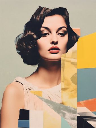 Surreal Female Portrait with Abstract Pastel Collage Elements, retro collageの素材