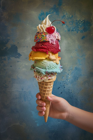 Child's Hand Holding a Colorful Ice Cream Cone with Sprinklesの素材