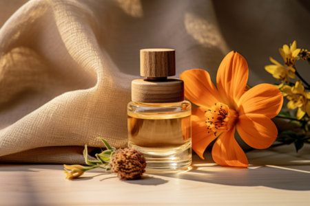 An amber bottle of essential oil surrounded by delicate flowers and petals.の素材