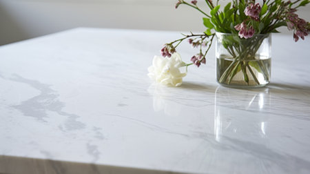 A sleek marble countertop reflects daylight in a stylish kitchenの素材