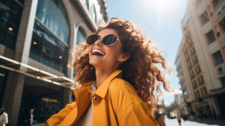 A happy young woman with curly hair shopping downtown, carrying bagsの素材