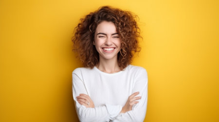 Portrait of an excited young woman celebrating success, yellow backgroundの素材
