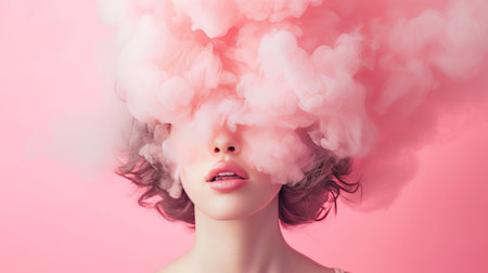 A serene female portrait, with vibrant pink clouds softly enveloping her head, set against a pastel backdrop for a surreal, dreamlike effect.の素材