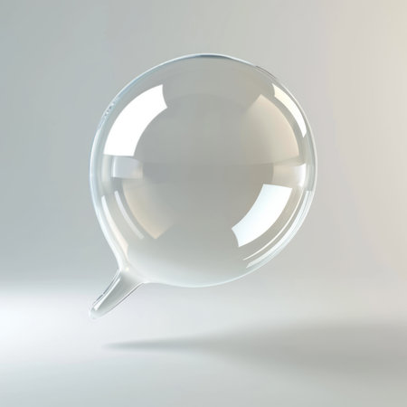 Transparent glass speech bubble with a subtle reflection on a white surfaceの素材
