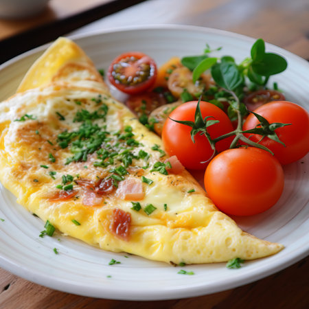 Freshly cooked omelette with herbs, spinach, and mushroomsの素材