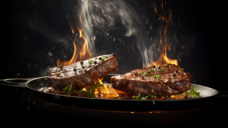 Artistic image of Sizzling Grilled Steak: Ribeye, T-bone, Sirloin, Filet Mignon. Flying beef steaksの素材
