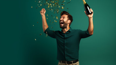 A man in a suit laughs, holding a champagne bottle, with balloons and confetti.の素材