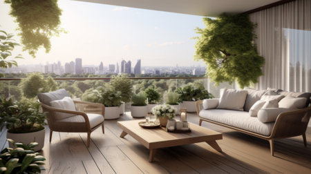 resort vacation home interior design wooden and cozy chair on comfort balcony daylight with beautiful nature sky background house beauty ideas conceptの素材