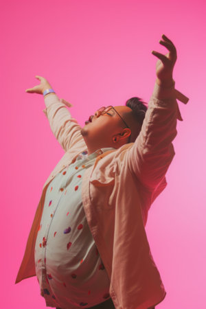 Confident Plus-Size Individual Dancing in Colorful Attire Against Pink Background, body positivityの素材