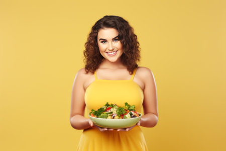 Cheerful woman presenting a bowl of fresh salad, promoting healthy eatingの素材