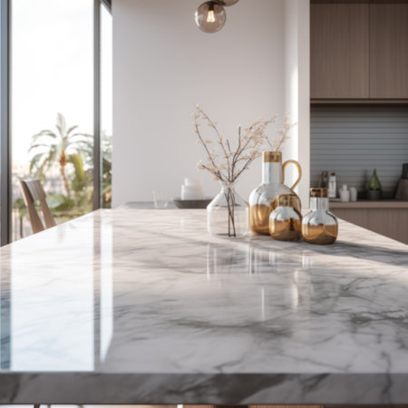 A sleek marble countertop reflects daylight in a stylish kitchenの素材