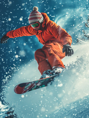 An avid snowboarder carves through a blizzard, showcasing agility and thrill.の素材