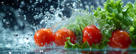 Ripe red tomatoes and green lettuce in a dynamic water splash.の素材