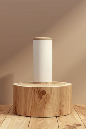 White cylinder atop a round wooden podium against a warm backdropの素材