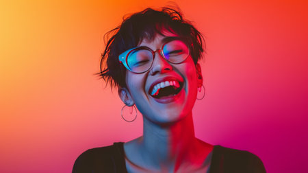 Euphoric Young Woman Screaming with Joy in Colorful Gradient Light portraitの素材