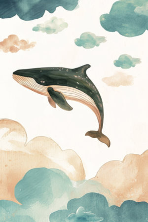 beauty of a whale as it seems to glide through a dreamy, cloud-like environment, depicted in a delicate watercolor styleの素材