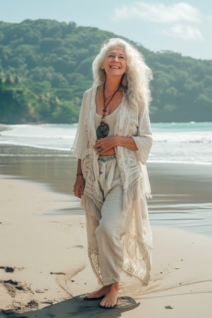 A radiant senior woman with silver hair and a serene smile, dressed in light summer clothes, enjoys a peaceful moment by the seashore.の素材