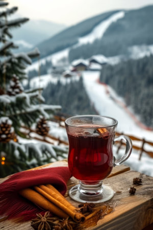 Winter Wonderland Refreshment with Mulled Wine on Snowy Table against Mountain Backdropの素材
