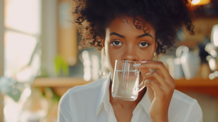 A poised young African American woman enjoys a glass of water in a well-lit interior, her gaze meeting the camera over the rim of her glass.の素材