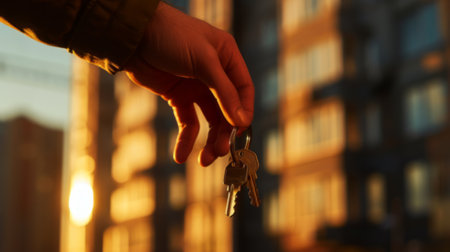 Hand Holding House Keys at Sunset with Blurred Apartment Background close upの素材