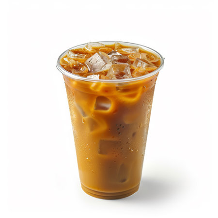 A refreshing iced coffee in a clear cup, showcasing a rich blend of coffee and milk, topped with melting ice cubes.の素材
