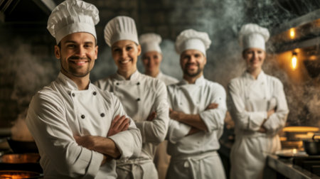 Professional Chefs Smiling in Industrial Kitchen Settingの素材