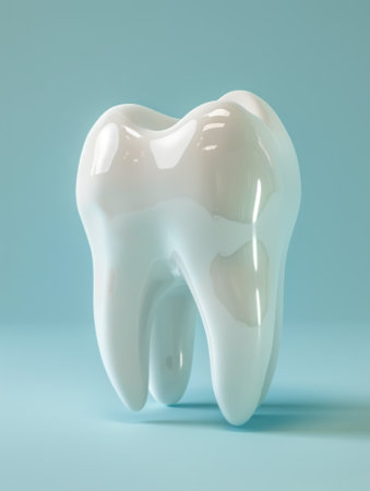 A pristine 3D tooth stands isolated against a soft blue background, symbolizing dental purity and health.の素材