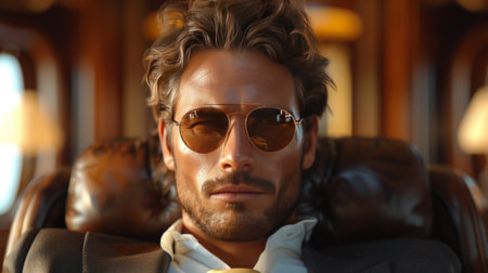 A well-dressed man in a black tuxedo and sunglasses stands in a grand arcade, exuding sophistication and confidence.の素材