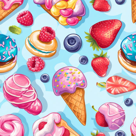 Assortment of Colorful Sweet Treats on a Light Blue Background square compositionの素材