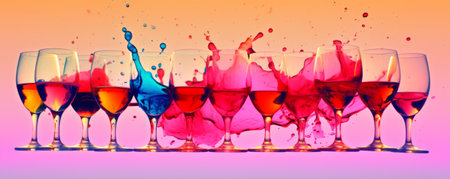 Colorful Splash in Wine Glasses on White Background bannerの素材
