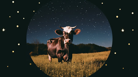 Surreal Nighttime Cow Portrait with Starry Sky Background retro collageの素材