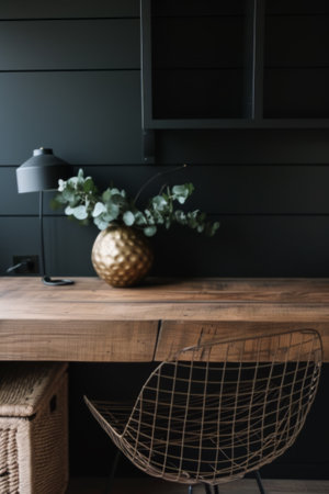 Modern Interior Design with Minimalist Table and Wire Chair with dark wallの素材
