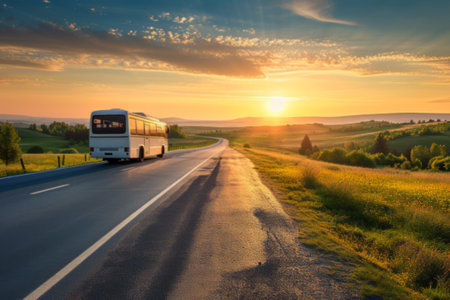 Bus Traveling Along a Rural Road at Duskの素材