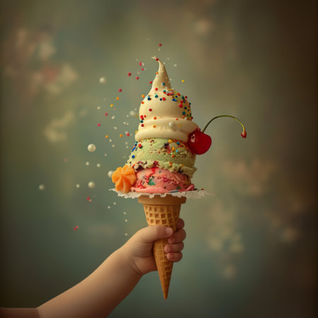 Child's Hand Holding a Colorful Ice Cream Cone with Sprinklesの素材