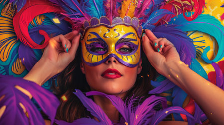 Exuberant Female Celebrator at Mardi Gras with Glitter Makeupの素材