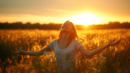 Serene Woman Enjoying Golden Sunset in Tranquil Wheat Fieldの素材