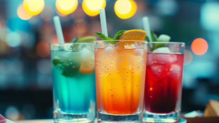 Vibrant Assortment of Colorful Cocktails in a Rowの素材