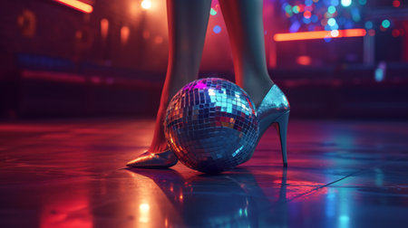 A close-up of dazzling stiletto heels beside a reflective disco ball on the dance floor, capturing a glamorous night outの素材