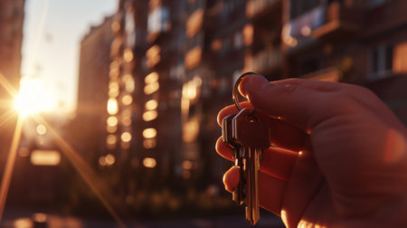 Hand Holding House Keys at Sunset with Blurred Apartment Background close upの素材