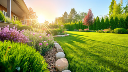 A captivating backyard scene at sunset, with the warm glow of the sun casting long shadows over manicured green grass, complemented by vibrant flowers and neatly arranged stones.の素材