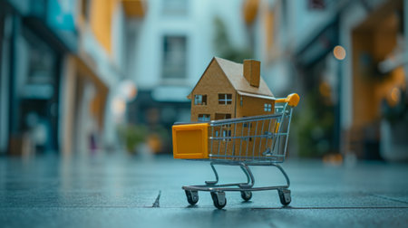 Miniature House in Shopping Cart on Urban Street at Duskの素材