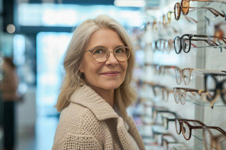 Smiling Senior Woman Selecting Eyeglassesの素材