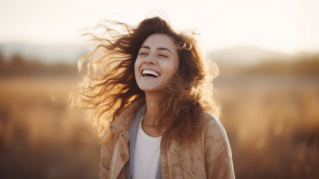 A carefree young woman laughing, with sunlight illuminating her hair in the desert.の素材